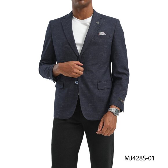 Navy Textured Knit Notch Lapel Slim Fit Tazzio Men's Jacket - Picture 3 of 4